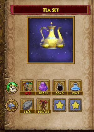 Then I got darkmoor robe at lv100, Then i got dragoon hat/boots/amulet at level 130, then executive ring at level 140, then lastly merciless robe/wand at max level 150. . How to craft tea set wizard101